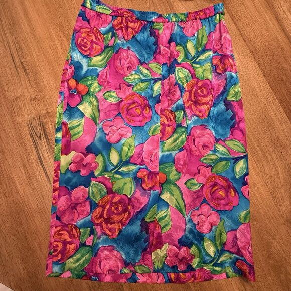 Vtg Adrianna Papell Silk Skirt Top 2 pc Set Sz 8 pink floral Maximalist Wow 90s - Picture 15 of 16